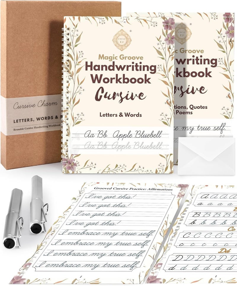 UNCLE EJ Grooved Cursive Handwriting Workbook Kit - Large Cursive Workbook for Kids 8-12 and Adults, Magic Reusable Grooved Handwriting Practice, Letters Words and Poetry, Gift Set, 9.8"x7" - Image 1
