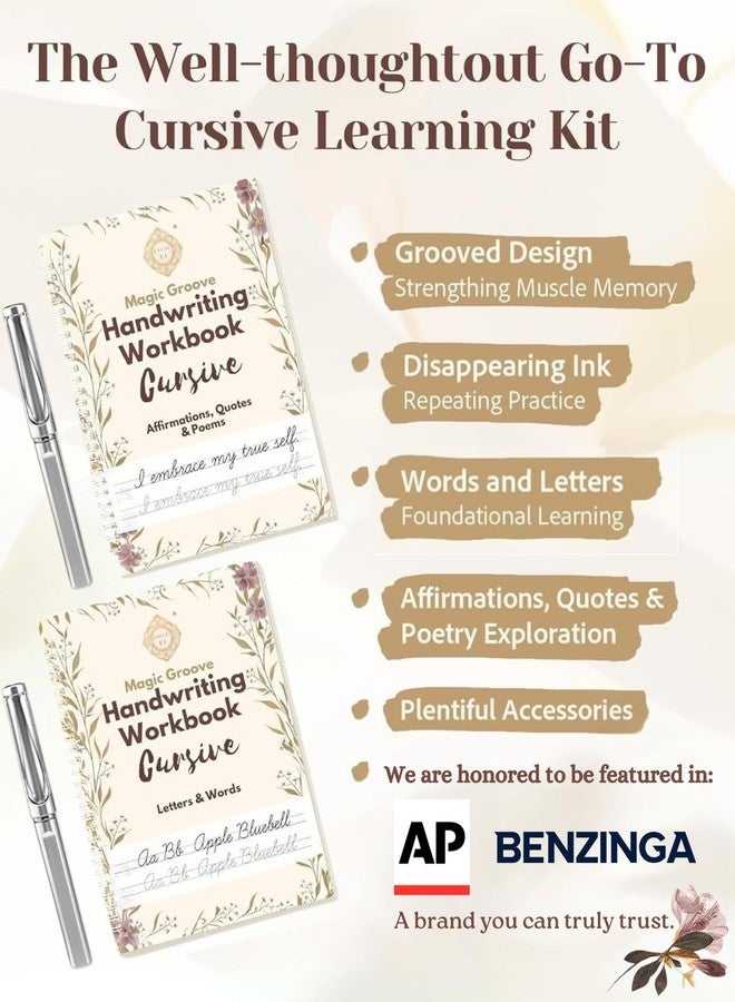 UNCLE EJ Grooved Cursive Handwriting Workbook Kit - Large Cursive Workbook for Kids 8-12 and Adults, Magic Reusable Grooved Handwriting Practice, Letters Words and Poetry, Gift Set, 9.8"x7" - Image 2