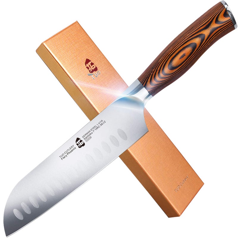 Tuo Santoku Knife - 7 Inch Kitchen Knife Japanese Chef Knife  High Carbon Stainless Steel Chef Knife  Ergonomic Pakkawood Handle  Gift Box - Fiery Phoenix Series - Image 1
