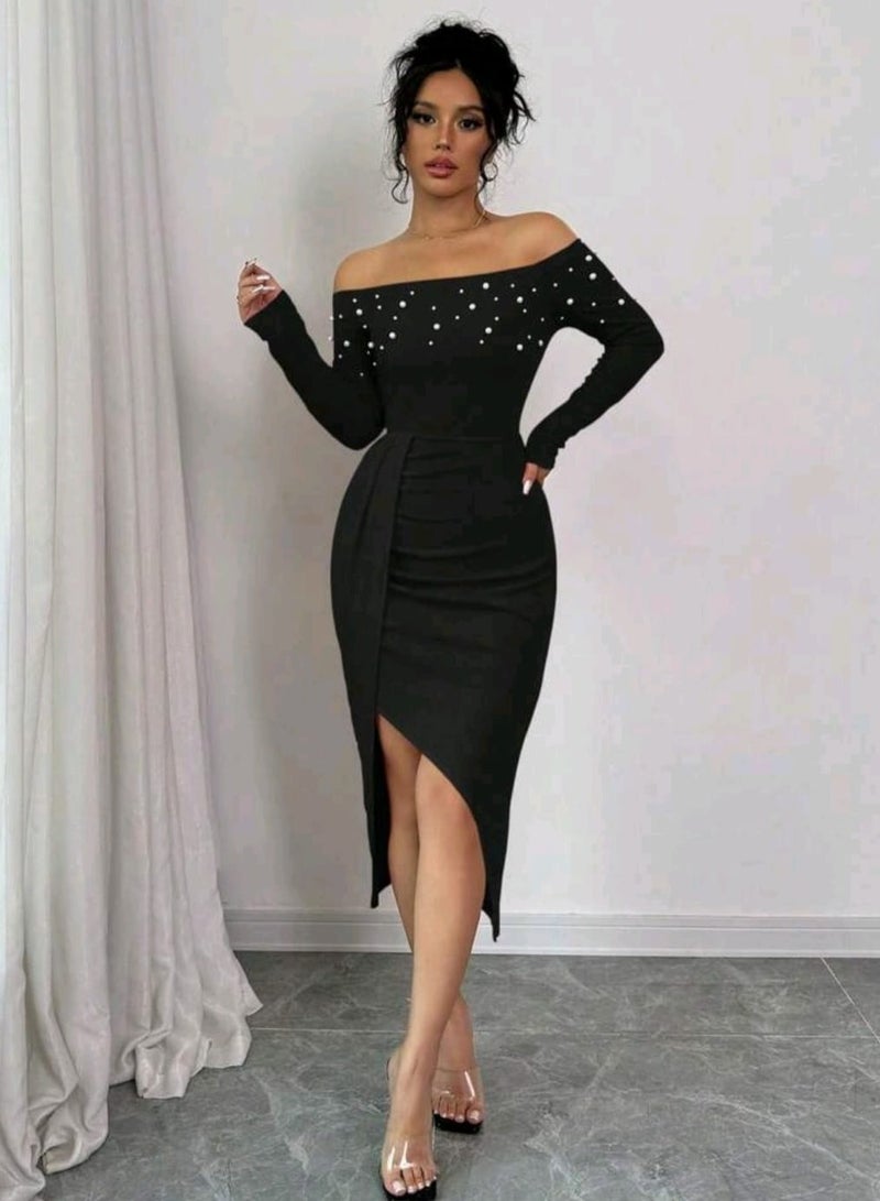 Shein SHEIN 1pc Women'sDRESS  Off Shoulder Long Sleeve Dress With Slit To Thigh And Faux Pearl Decor  - Image 3