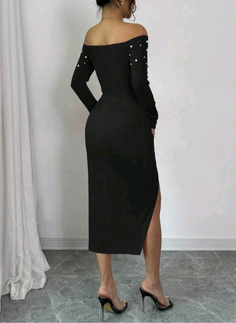 Shein SHEIN 1pc Women'sDRESS  Off Shoulder Long Sleeve Dress With Slit To Thigh And Faux Pearl Decor  - Image 5