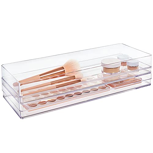STORi SimpleSort 2-Piece Stackable Clear Drawer Organizer Set | 15" x 6" x 2" Rectangle Trays | Wide Makeup Vanity Storage Bins and Office Desk Drawer Dividers | Made in USA - Image 1