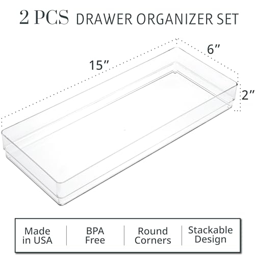 STORi SimpleSort 2-Piece Stackable Clear Drawer Organizer Set | 15" x 6" x 2" Rectangle Trays | Wide Makeup Vanity Storage Bins and Office Desk Drawer Dividers | Made in USA - Image 2