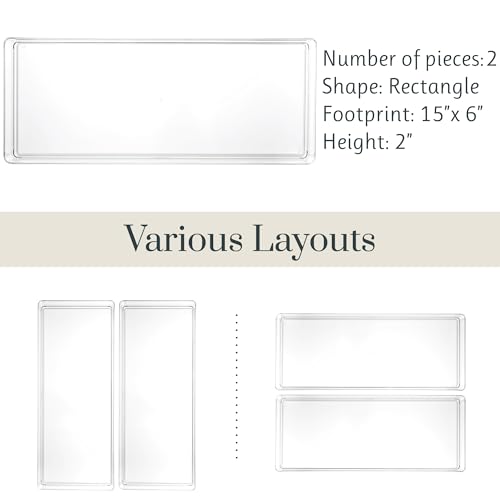 STORi SimpleSort 2-Piece Stackable Clear Drawer Organizer Set | 15" x 6" x 2" Rectangle Trays | Wide Makeup Vanity Storage Bins and Office Desk Drawer Dividers | Made in USA - Image 5