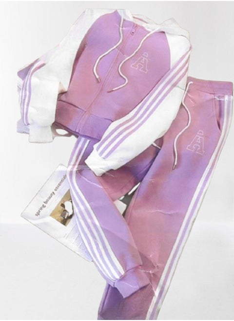 jacket a sleek pink color with contrasting white sleeves, adorned with three white stripes running down the length of the arms