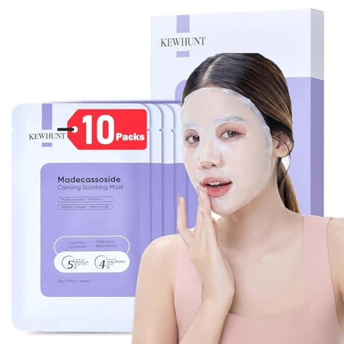 Kewhunt Madecassoside Sheet Mask Blemish Repair, Face Mask korean Skin Care for Sensitive Skin - Hyaluronic Acid, Collagen, Niacinamide, Panthenol, Centella Facial Masks for Sooth, Hydration, Firming 10ea - Image 1
