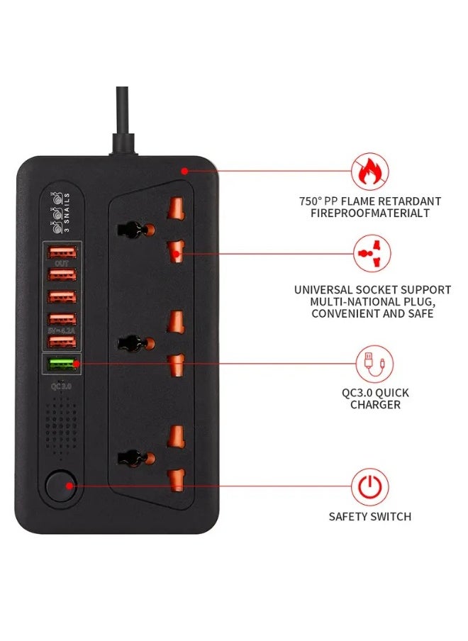Generic Power Strip with 3 AC Universal Outlets and 6 USB Ports QC3.0 18W Fast Charging USB Power Socket Surge Protector Extension Board  - Image 3