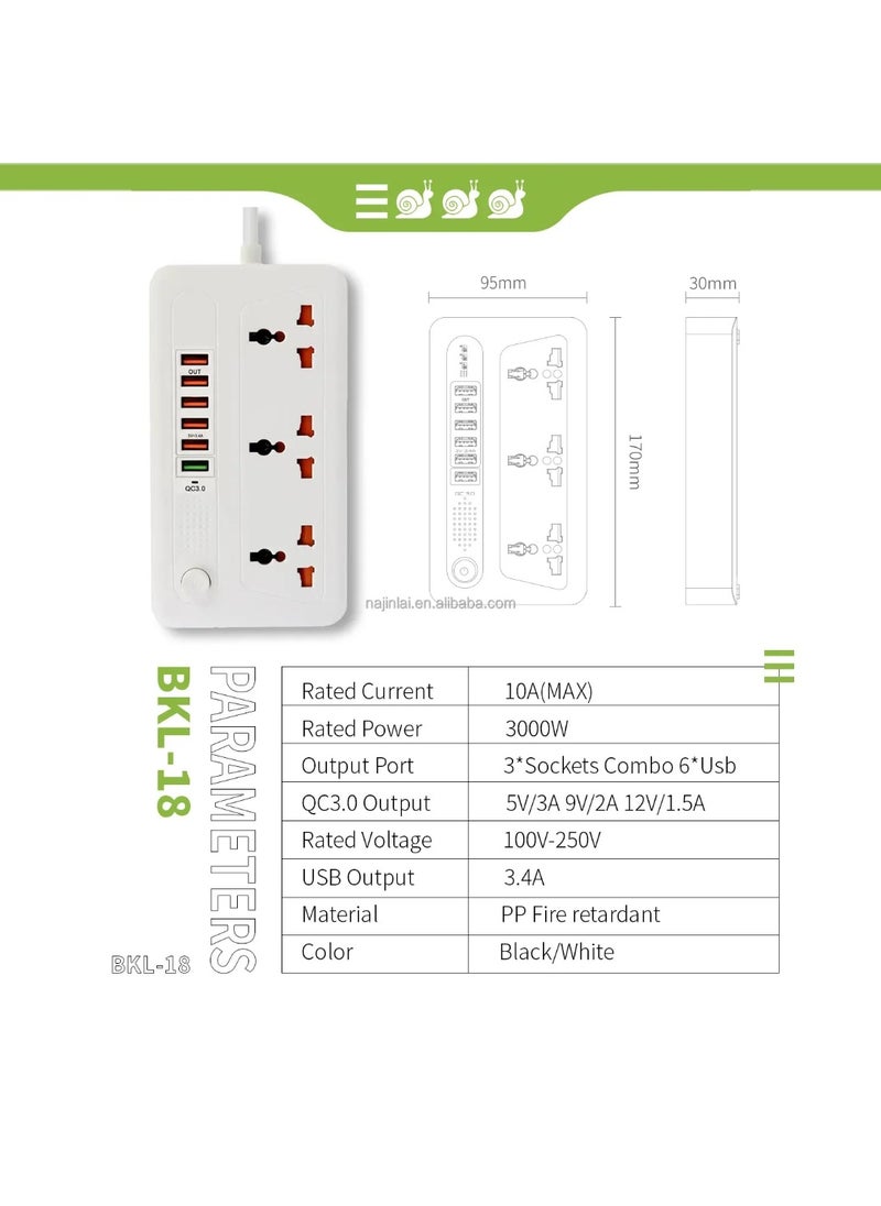 Generic Power Strip with 3 AC Universal Outlets and 6 USB Ports QC3.0 18W Fast Charging USB Power Socket Surge Protector Extension Board  - Image 4