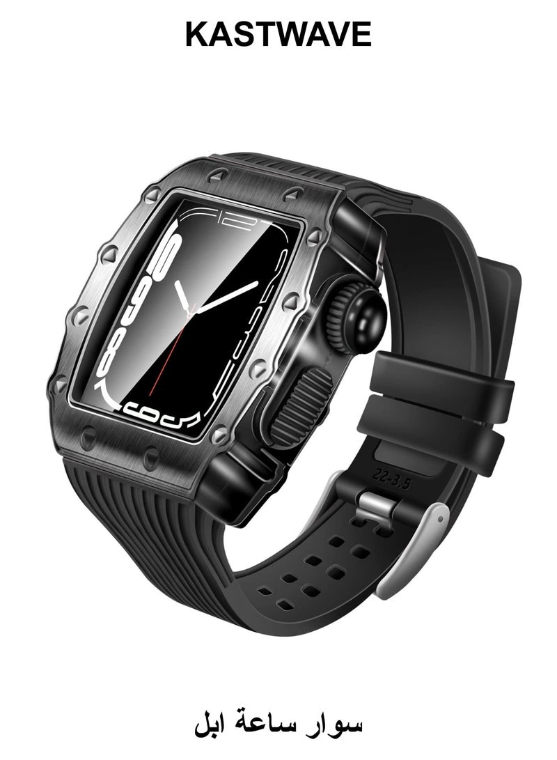 كاست ويف حافظة متينة فاخرة بتصميم أنيق مع سوار متوافق مع ساعة Apple Watch Band 44 مم 45 مم، حافظة حماية معدنية مع حزام سيليكون مقاوم للصدمات لساعة iWatch Series 8 7 45 مم وSE 6 5 4 44 مم - Image 1