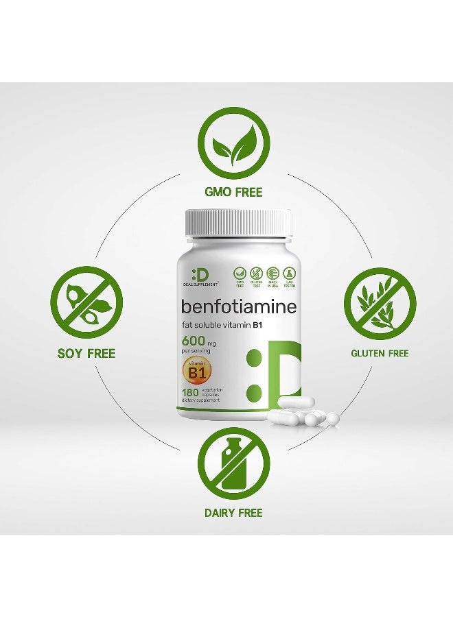 DEAL SUPPLEMENT بنفتوياامين 600 ملغ لكل حصة، 180 كبسولة نباتية (300 ملغ لكل كبسولة) – مكمل فيتامين ب1 الثيامين القابل للذوبان في الدهون – مختبر من طرف ثالث، نباتي، غير معدل وراثيًا، خالي من الغلوتين - Image 3