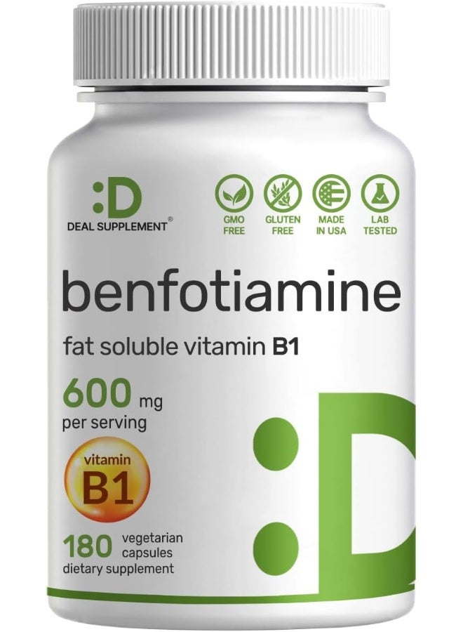 DEAL SUPPLEMENT بنفتوياامين 600 ملغ لكل حصة، 180 كبسولة نباتية (300 ملغ لكل كبسولة) – مكمل فيتامين ب1 الثيامين القابل للذوبان في الدهون – مختبر من طرف ثالث، نباتي، غير معدل وراثيًا، خالي من الغلوتين - Image 1