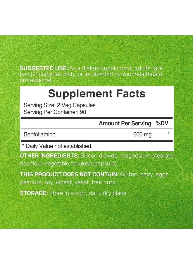 DEAL SUPPLEMENT بنفتوياامين 600 ملغ لكل حصة، 180 كبسولة نباتية (300 ملغ لكل كبسولة) – مكمل فيتامين ب1 الثيامين القابل للذوبان في الدهون – مختبر من طرف ثالث، نباتي، غير معدل وراثيًا، خالي من الغلوتين - Image 2