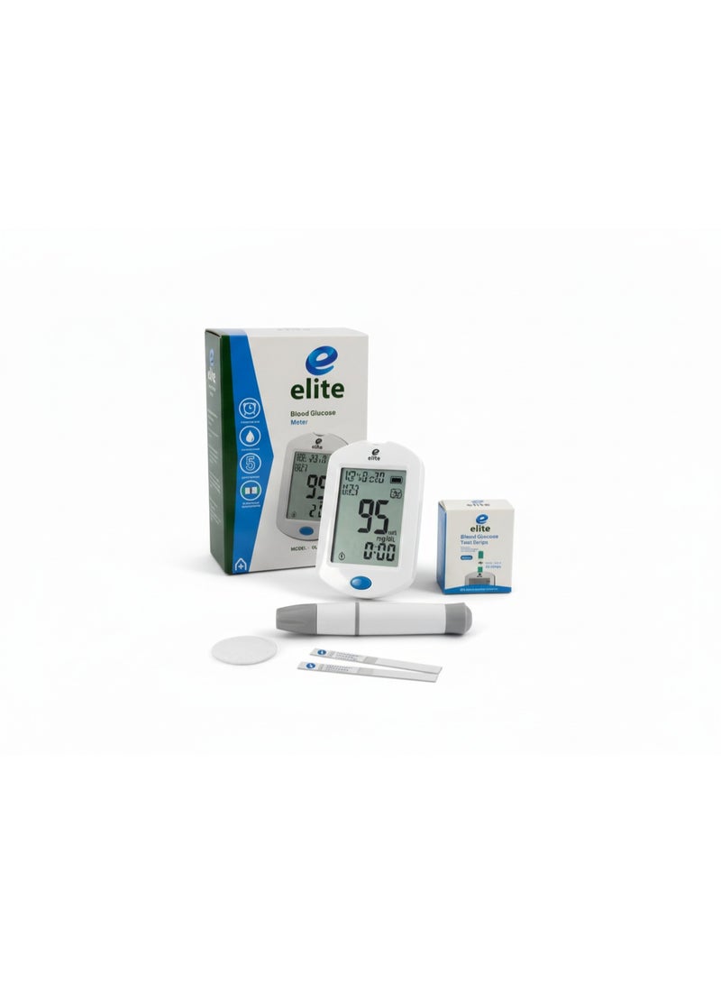 Elite Blood glucose meter, test strips (predetermined quantity), lancing device, lancing needles, instruction manual, batteries, and a small carrying case for the device and accessories are included. - Image 1