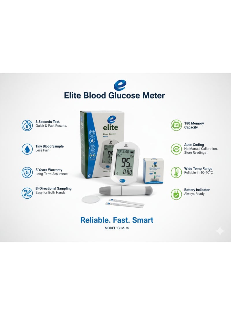 Elite Blood glucose meter, test strips (predetermined quantity), lancing device, lancing needles, instruction manual, batteries, and a small carrying case for the device and accessories are included. - Image 2