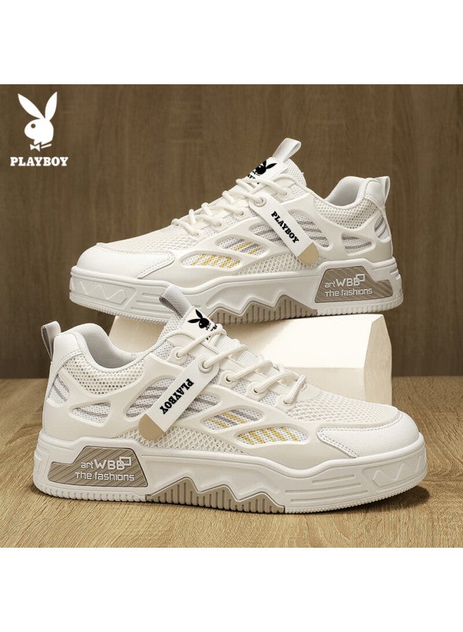 Playboy Men's Low-top Canvas Shoes Summer Breathable Thick-soled Casual Mesh Sports Shoes Beige Size 42 - Image 4