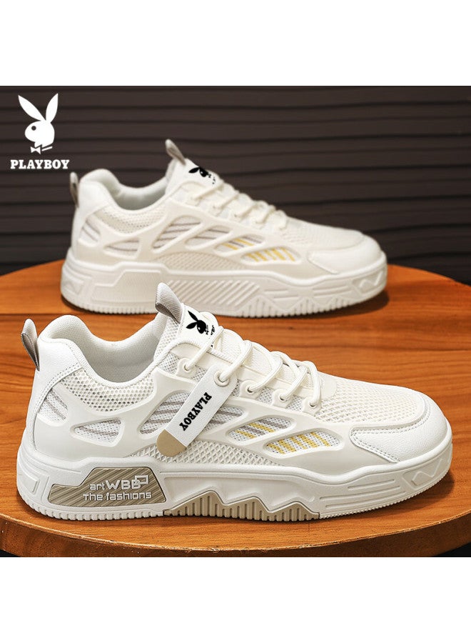 Playboy Men's Low-top Canvas Shoes Summer Breathable Thick-soled Casual Mesh Sports Shoes Beige Size 42 - Image 5