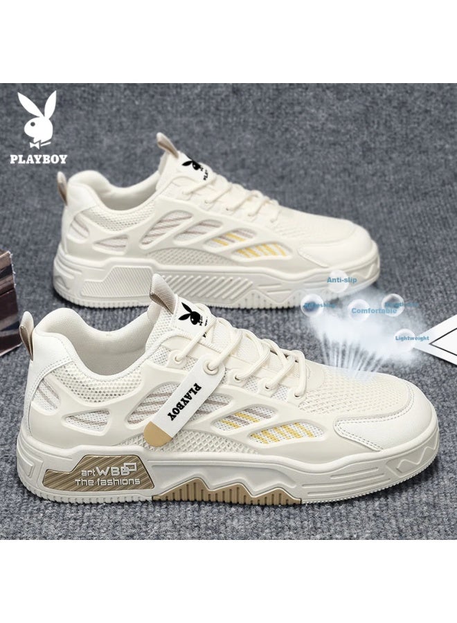 Playboy Men's Low-top Canvas Shoes Summer Breathable Thick-soled Casual Mesh Sports Shoes Beige Size 42 - Image 1
