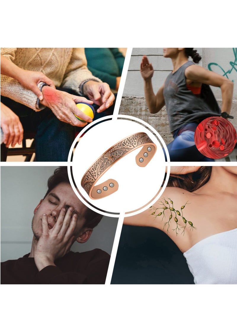 syosi الأساور المغناطيسية النحاس النقي للنساء والرجال، سوار الكفة النحاس قابل للتعديل، سوار مغناطيسي نحاسي صلب واسع، أساور مغناطيسية مجوهرات مع شجرة الحياة عزر - Image 4