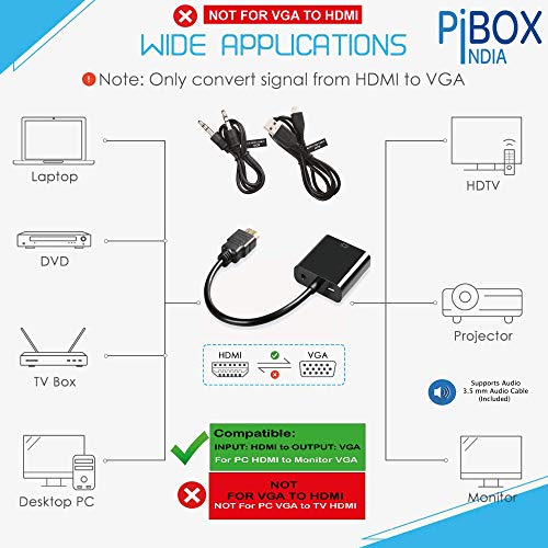 PiBOX India HDMI to VGA With Audio and Power, Gold-Plated Male to Female for Computer, Desktop, Laptop, PC, Monitor, Projector, HDTV, Raspberry Pi, Media Players, Xbox - Black [NOT for VGA to HDMI] - Image 2