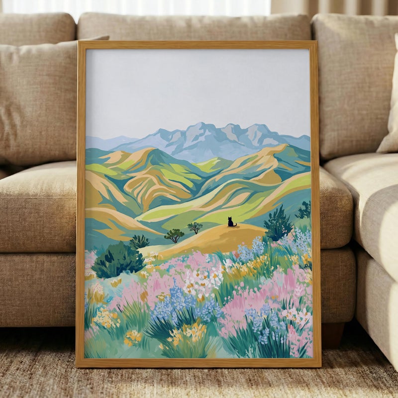 TNESSENTIAL Black Cat Meadow Print – Pastel Landscape Wall Art, Spring Wildflower Poster, Mountain Art Print, Whimsical Cat Decor, Vibrant Nature Art - Image 5