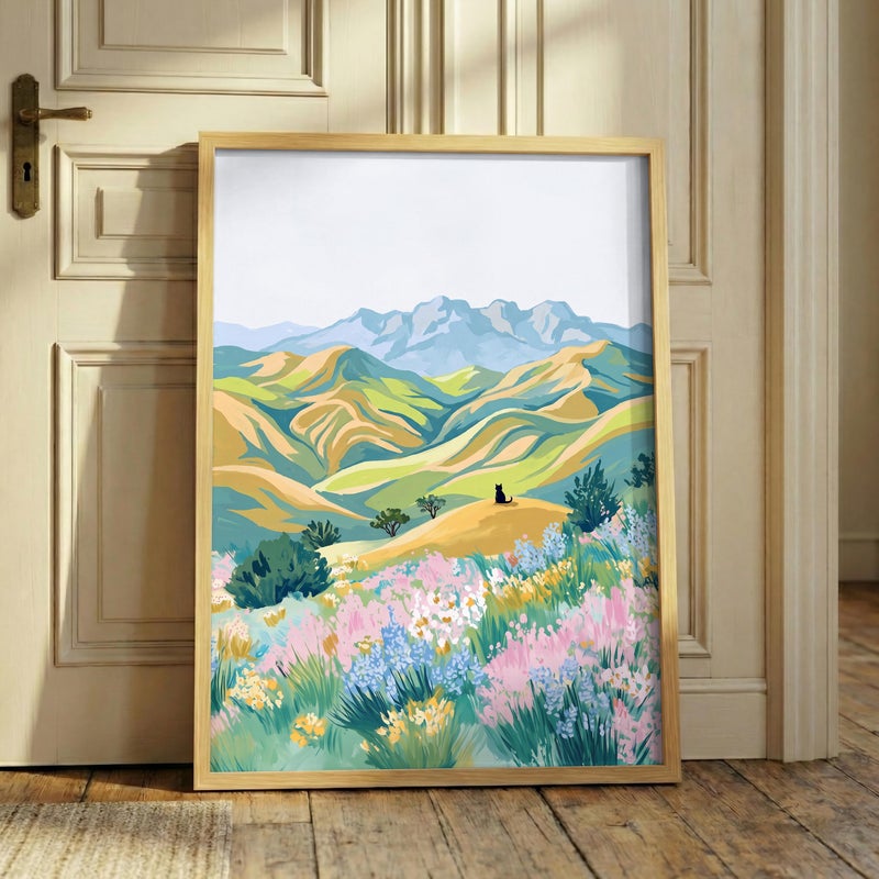 TNESSENTIAL Black Cat Meadow Print – Pastel Landscape Wall Art, Spring Wildflower Poster, Mountain Art Print, Whimsical Cat Decor, Vibrant Nature Art - Image 4