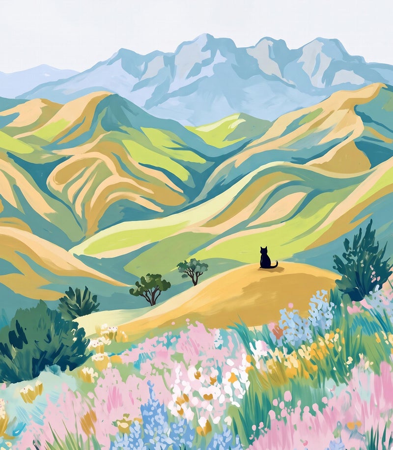TNESSENTIAL Black Cat Meadow Print – Pastel Landscape Wall Art, Spring Wildflower Poster, Mountain Art Print, Whimsical Cat Decor, Vibrant Nature Art - Image 2