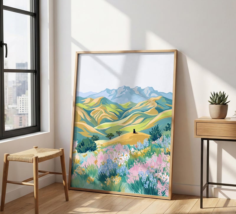TNESSENTIAL Black Cat Meadow Print – Pastel Landscape Wall Art, Spring Wildflower Poster, Mountain Art Print, Whimsical Cat Decor, Vibrant Nature Art - Image 1