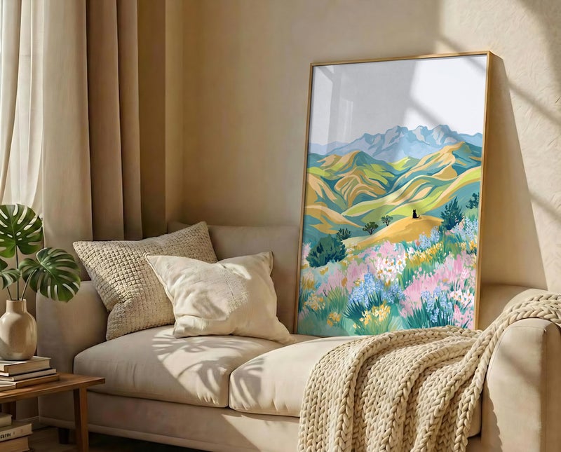 TNESSENTIAL Black Cat Meadow Print – Pastel Landscape Wall Art, Spring Wildflower Poster, Mountain Art Print, Whimsical Cat Decor, Vibrant Nature Art - Image 3