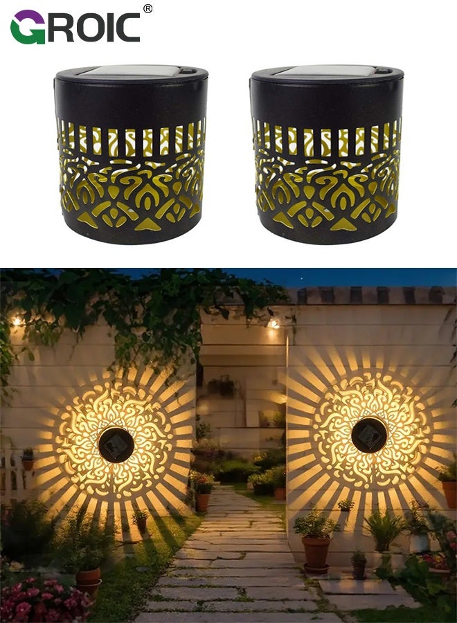 جرويك مجموعة من 2 مصباح سياج يعمل بالطاقة الشمسية، مصابيح حائط معدنية مقاومة للماء، إضاءة ليد صفراء دافئة للحديقة، فناء خلفي - ماندالا - Image 1