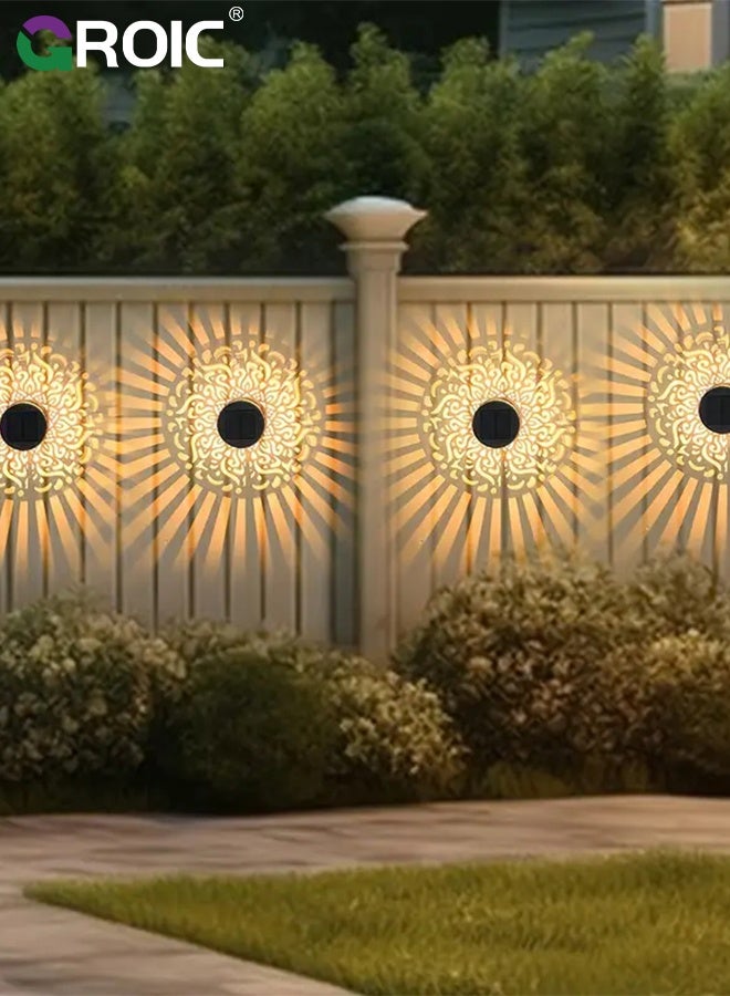 جرويك مجموعة من 2 مصباح سياج يعمل بالطاقة الشمسية، مصابيح حائط معدنية مقاومة للماء، إضاءة ليد صفراء دافئة للحديقة، فناء خلفي - ماندالا - Image 4