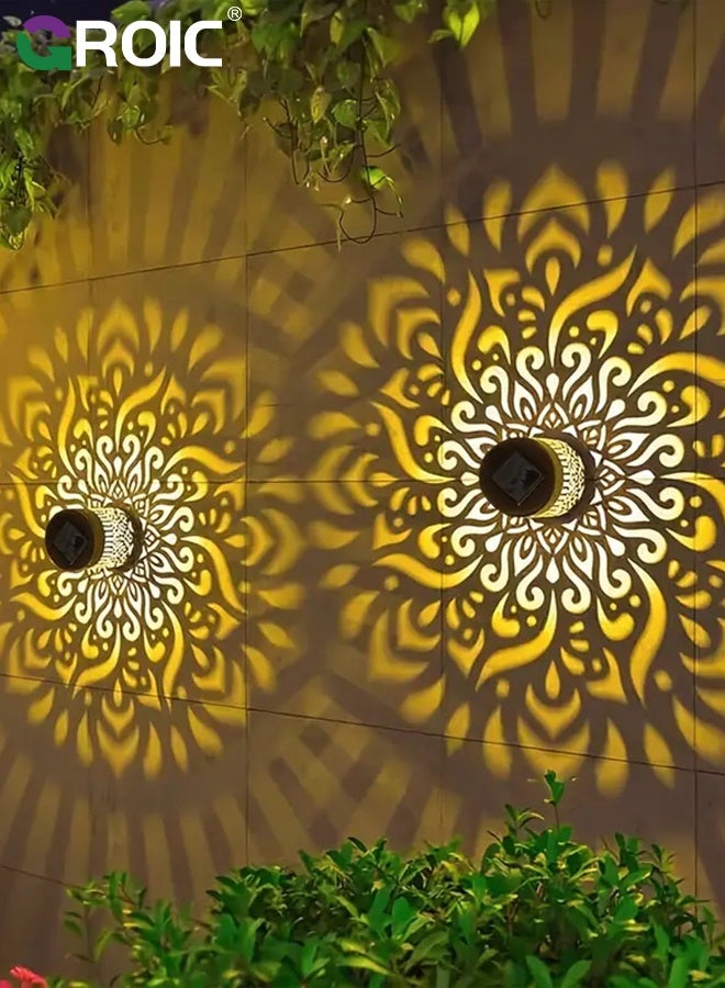 جرويك مجموعة من 2 مصباح سياج يعمل بالطاقة الشمسية، مصابيح حائط معدنية مقاومة للماء، إضاءة ليد صفراء دافئة للحديقة، فناء خلفي - ماندالا - Image 2