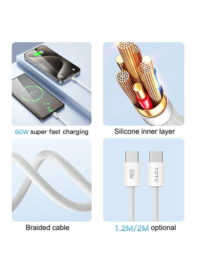 توتو TOTU CB-10-CC 60W USB-C / TYPE-C إلى كبل البيانات المضفر السيليكون من النوع C ، الطول: 1.2 متر (أبيض)  - Image 3