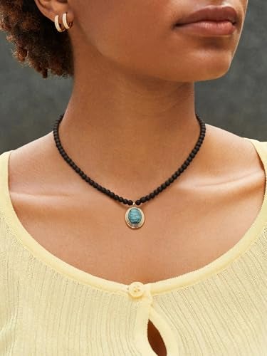 PEARLADA Boho Black Beaded Choker, Oval Turquoise Pendant Necklace for Women, 18k Gold Plated Chakra Gemstone Necklace - Image 2