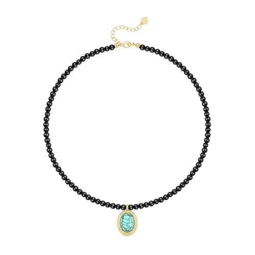 PEARLADA Boho Black Beaded Choker, Oval Turquoise Pendant Necklace for Women, 18k Gold Plated Chakra Gemstone Necklace - Image 1