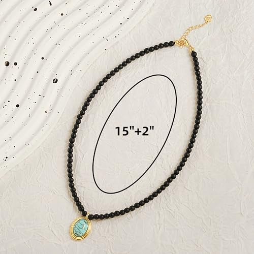 PEARLADA Boho Black Beaded Choker, Oval Turquoise Pendant Necklace for Women, 18k Gold Plated Chakra Gemstone Necklace - Image 4