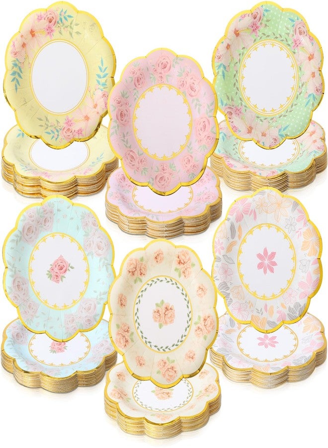 Maxcheck 72 Pcs 9 Inch Floral Paper Plates with Gold Rim Disposable Flower Plates for Tea Party Decorations Birthday Baby Shower Wedding Bridal Supplies - Image 1