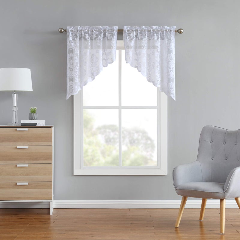 LinenZone Lace Kitchen Swags. Lace Window Treatment for Kitchen or Small Window. Swags Can Be Combined with Matching Tiers or Valance for a Charming Farmhouse Look. (Fiona 30 x 38 White) - Image 1