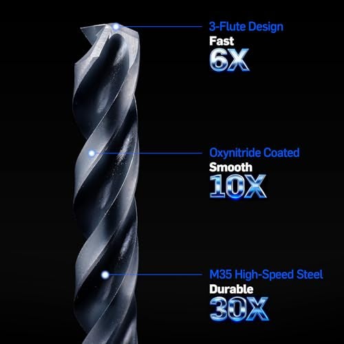 Bestwork 3-Flute Cobalt Drill Bit Set, M35 Metal Drill Bits for Metal and Steel, Oxynitride Coated, 3-Flats Shank, 135 Degree Split Point, for Hardened Steel, Stainless Steel, 17-Piece, 1/16"-3/8" - Image 3