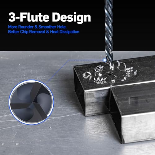 Bestwork 3-Flute Cobalt Drill Bit Set, M35 Metal Drill Bits for Metal and Steel, Oxynitride Coated, 3-Flats Shank, 135 Degree Split Point, for Hardened Steel, Stainless Steel, 17-Piece, 1/16"-3/8" - Image 2