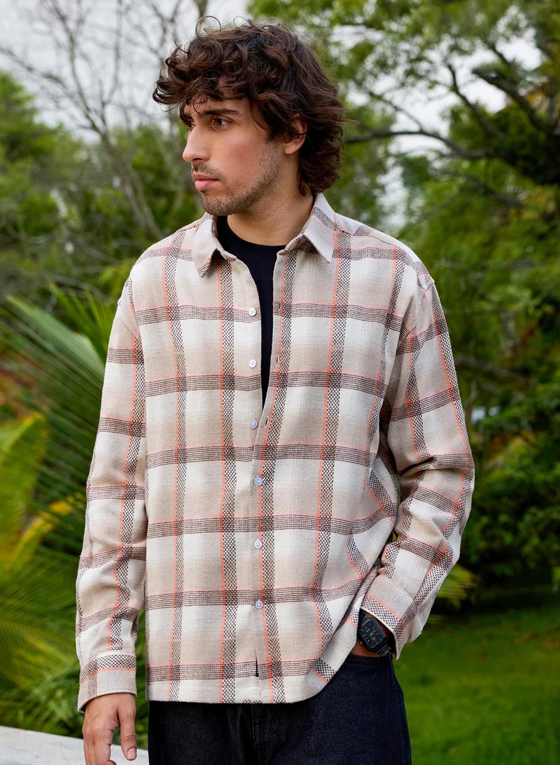 CAHOOT Men's Beige-Check Checkered Regular Shirt For Casual Wear | Collared Neck | Long Sleeve | Button Closure | Cotton Blend Shirt Crafted With Comfort Fit For Everyday Wear
