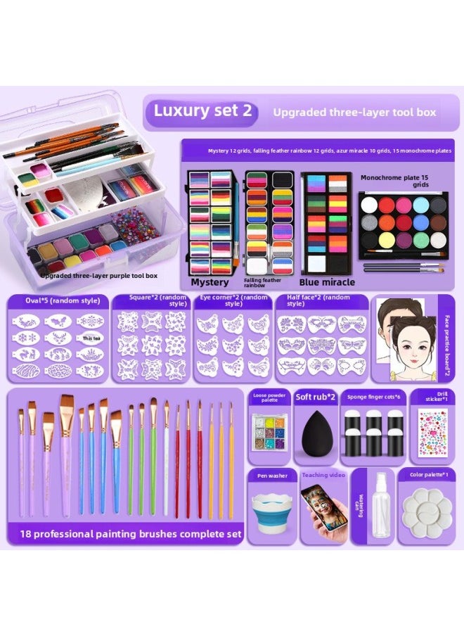 Children's Children's Face Painting Pigment Tool Set Stage Makeup Face Makeup Water Soluble Body Painting-Color:[2024 New] [Upgrade Three-layer Toolbox] Iraqi Enigma Magic 15-cell Water-soluble Luxury Suit  - Image 1
