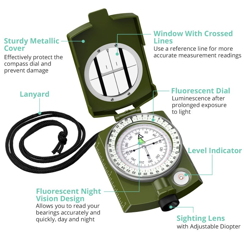 VinTeam Compass, Hiking Compass Military Compass Multifunctional Waterproof Metal Sighting Compass with Carrying Bag and Bubble Levels for Hiking Camping Climbing Biking-Bronze - Image 5