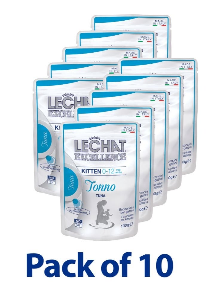 LeChat Excellence by Monge | Kitten Wet Food with Tuna | Super Premium Complete Wet Kitten Food | Chunkies in Pouch - 100g | Pack of 10