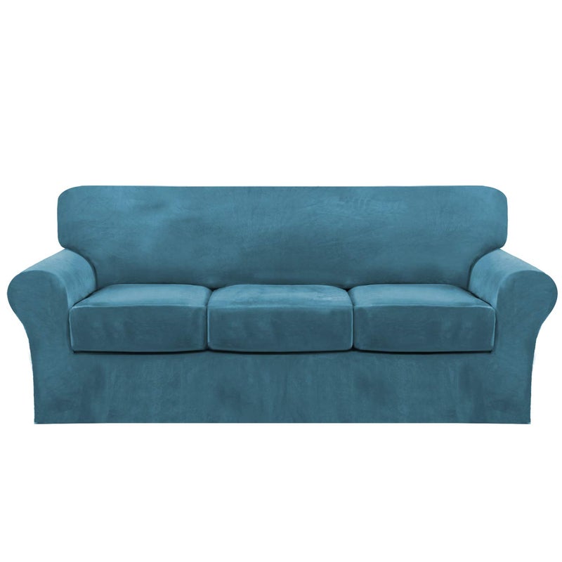 FantasDecor 4 Piece Sofa Velvet Couch Covers for 3 Cushion Stretch Slipcover with Individual Seat Cushion Elastic Furniture Protector for Pets Machine Washable Sofa Peacock Blue