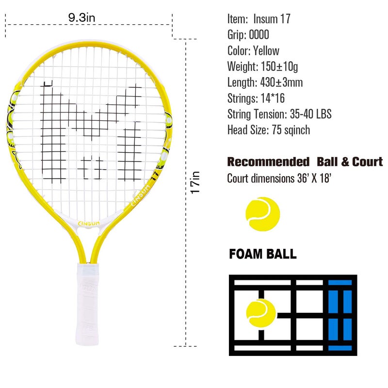 insum 17'' Junior Tennis Racket for Aged 2-3 Y with Strap Bag Kids Tennis Racquet (17inch-Yellow) - Image 2