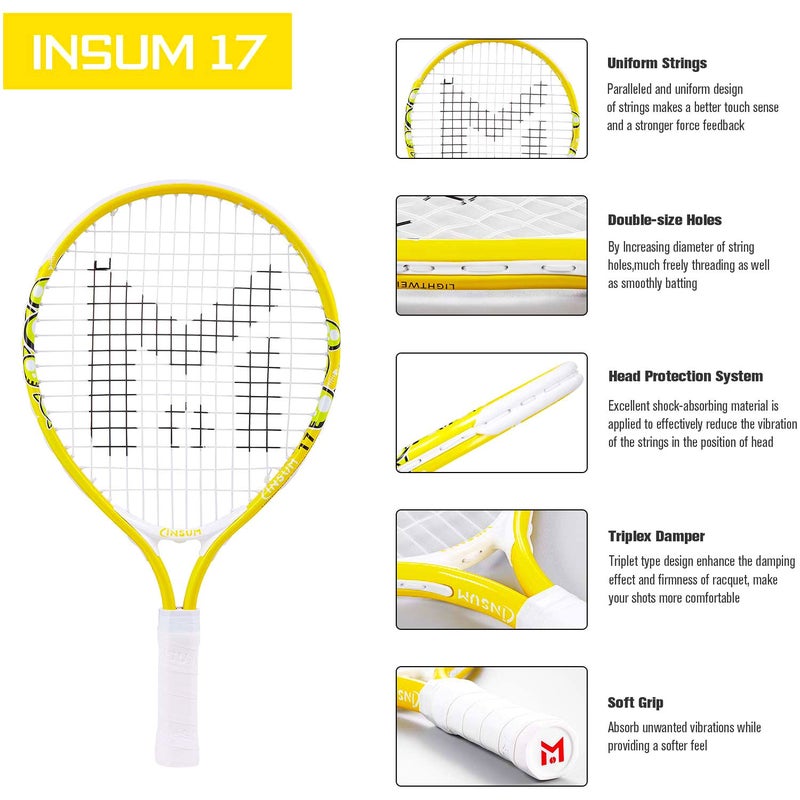 insum 17'' Junior Tennis Racket for Aged 2-3 Y with Strap Bag Kids Tennis Racquet (17inch-Yellow) - Image 3