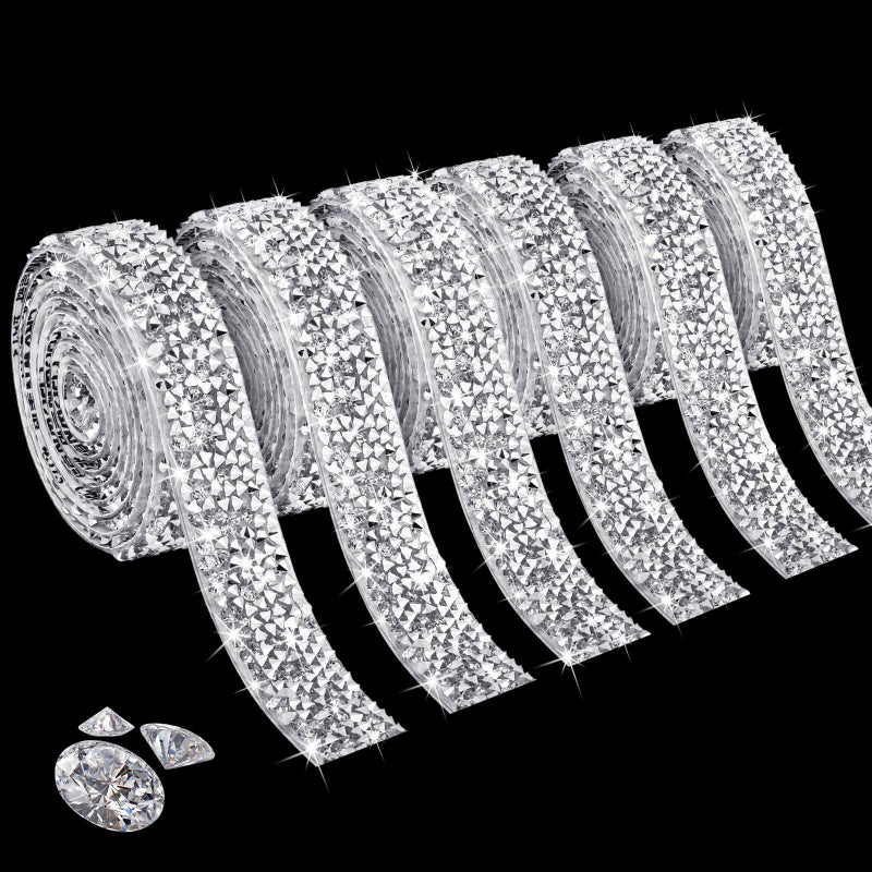 Tetutor 6 Rolls Self Adhesive Rhinestone Ribbons, Sliver Resin Rhinestone Strips, Diamond Crystal Rhinestone Ribbon Roll Stickers Glitter Bling Ribbons for Crafts Fabric Car - Image 1