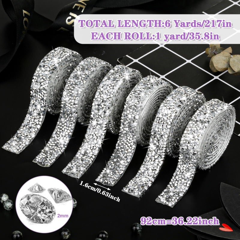 Tetutor 6 Rolls Self Adhesive Rhinestone Ribbons, Sliver Resin Rhinestone Strips, Diamond Crystal Rhinestone Ribbon Roll Stickers Glitter Bling Ribbons for Crafts Fabric Car - Image 2