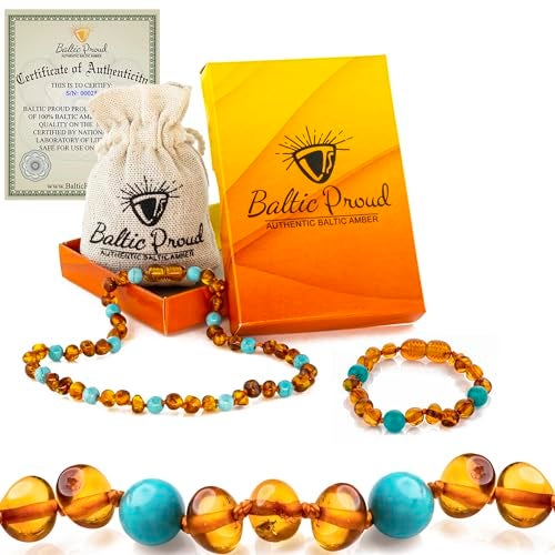 Baltic Proud Amber Necklace and Bracelet Gift Set (Unisex Cognac Turquoise 12.5 Inches/5.5 Inches) - Certified Premium Quality Raw Baltic Sea Amber - Image 1