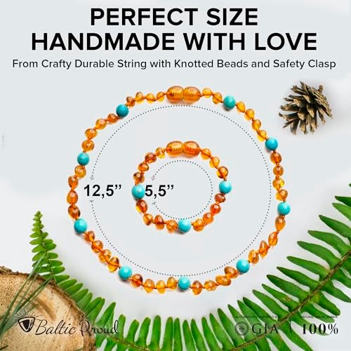 Baltic Proud Amber Necklace and Bracelet Gift Set (Unisex Cognac Turquoise 12.5 Inches/5.5 Inches) - Certified Premium Quality Raw Baltic Sea Amber - Image 2